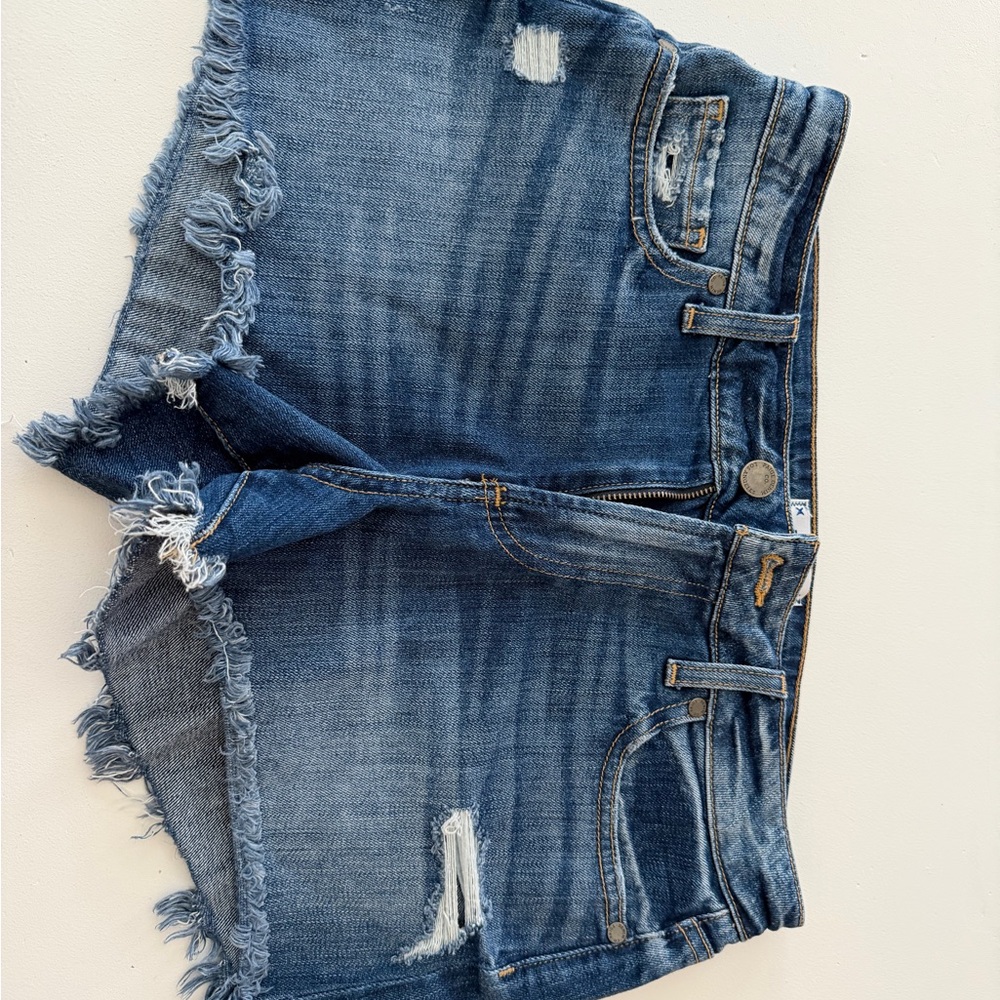 PAIGE Blue Denim Shorts with Brown Patch